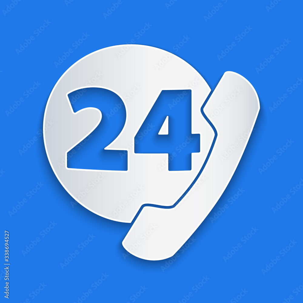 Paper cut Telephone 24 hours support icon isolated on blue background. All-day customer support call