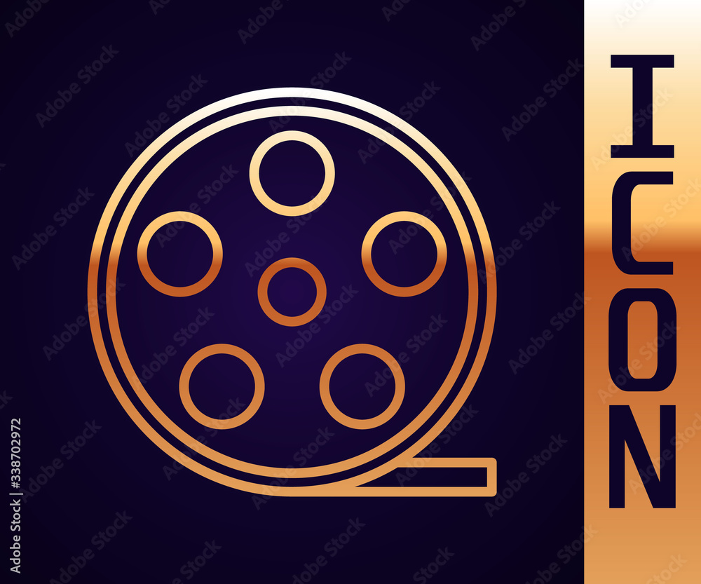 Gold line Film reel icon isolated on black background.  Vector Illustration