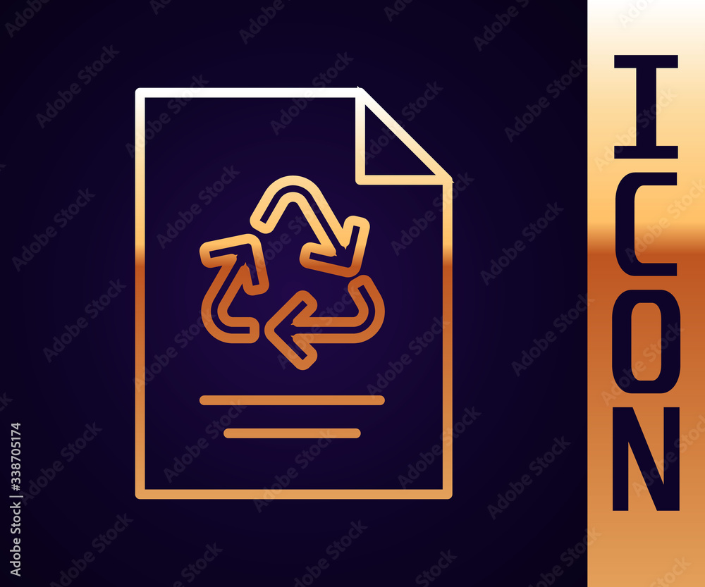 Gold line Paper with recycle icon isolated on black background.  Vector Illustration