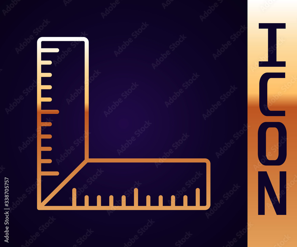 Gold line Corner ruler icon isolated on black background. Setsquare, angle ruler, carpentry, measuri