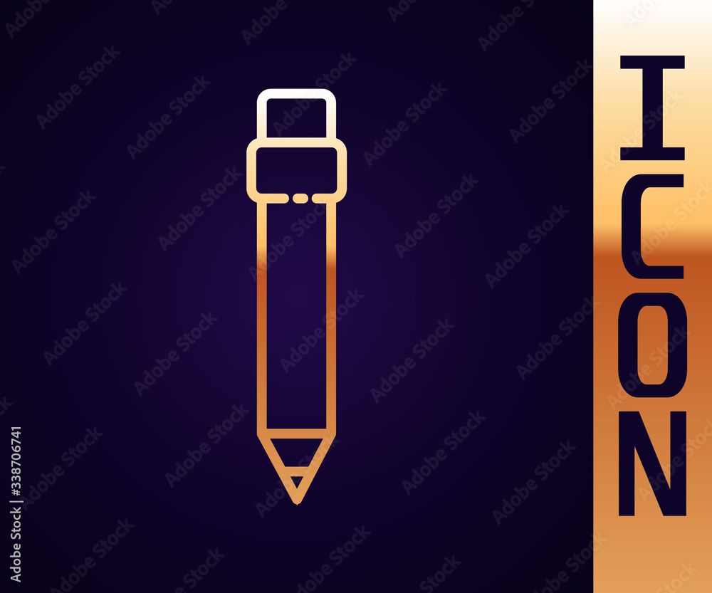 Gold line Pencil with eraser icon isolated on black background. Drawing and educational tools. Schoo