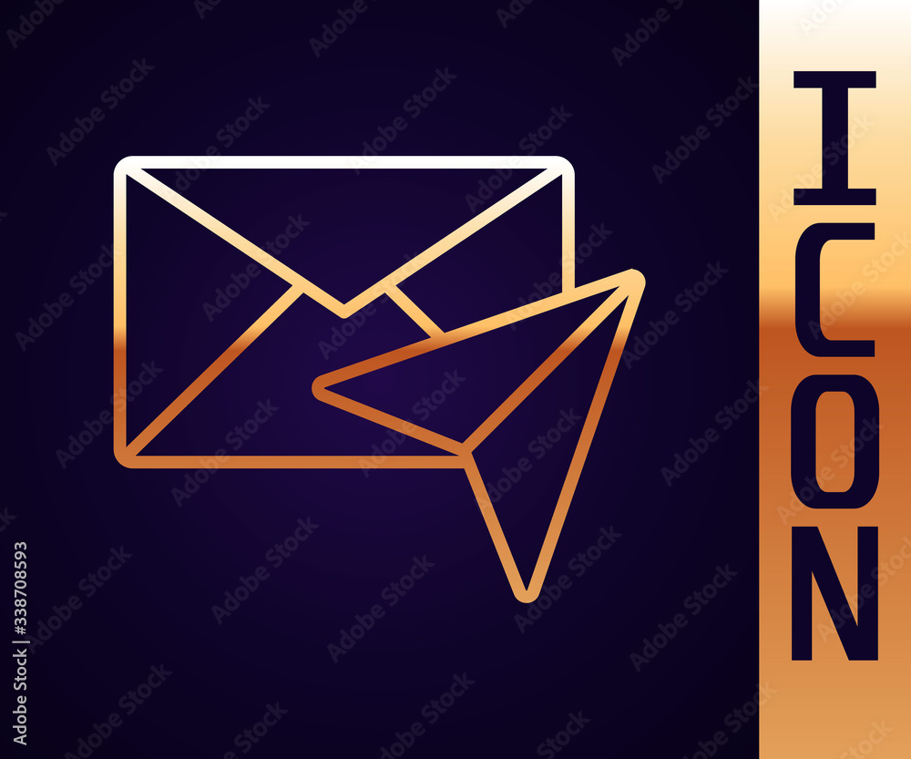 Gold line Envelope icon isolated on black background. Email message letter symbol.  Vector Illustrat