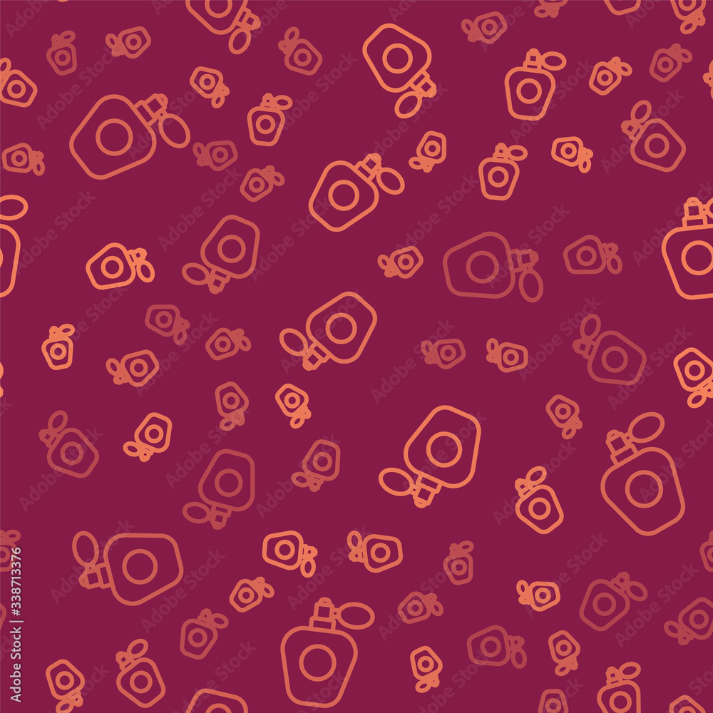 Brown line Perfume icon isolated seamless pattern on red background.  Vector Illustration