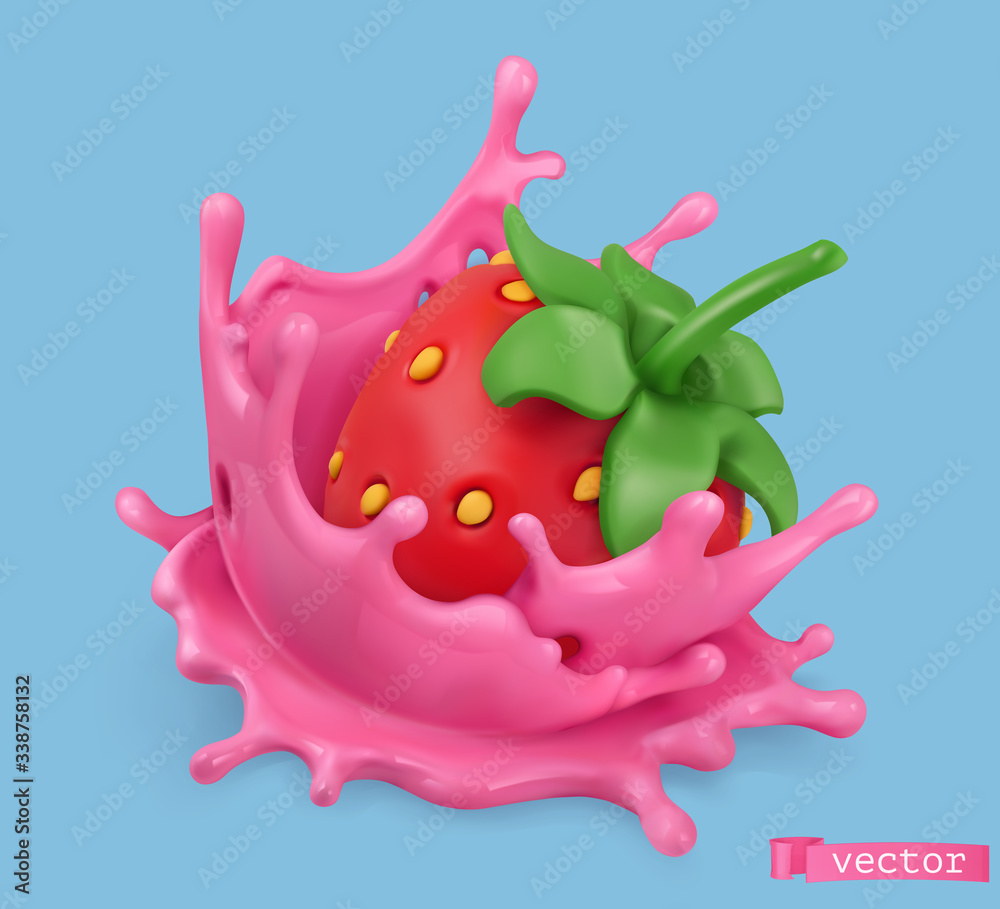 Sweet pink splash with strawberry. 3d realistic vector object