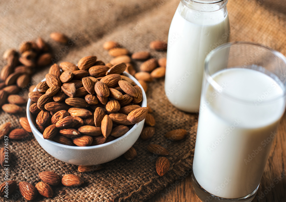 Organic almond milk and almonds