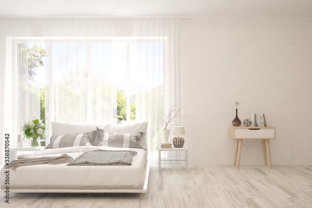 White bedroom interior. Scandinavian design. 3D illustration