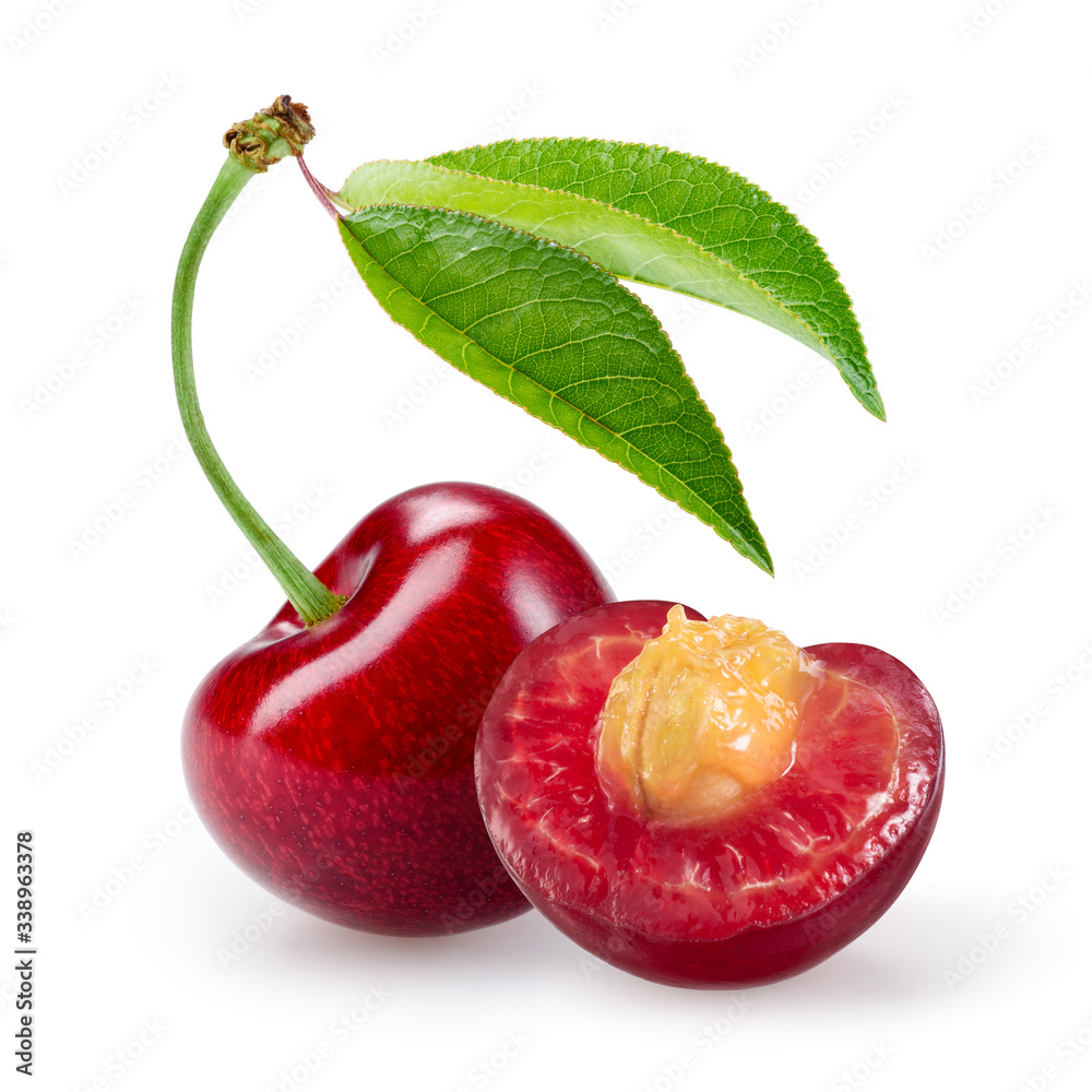 Cherry isolated. Sour cherry. Cherries with leaves on white background. Sour cherri half.