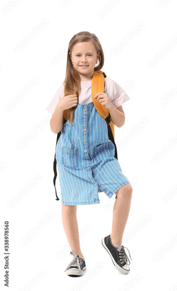 Cute little girl with backpack on white background