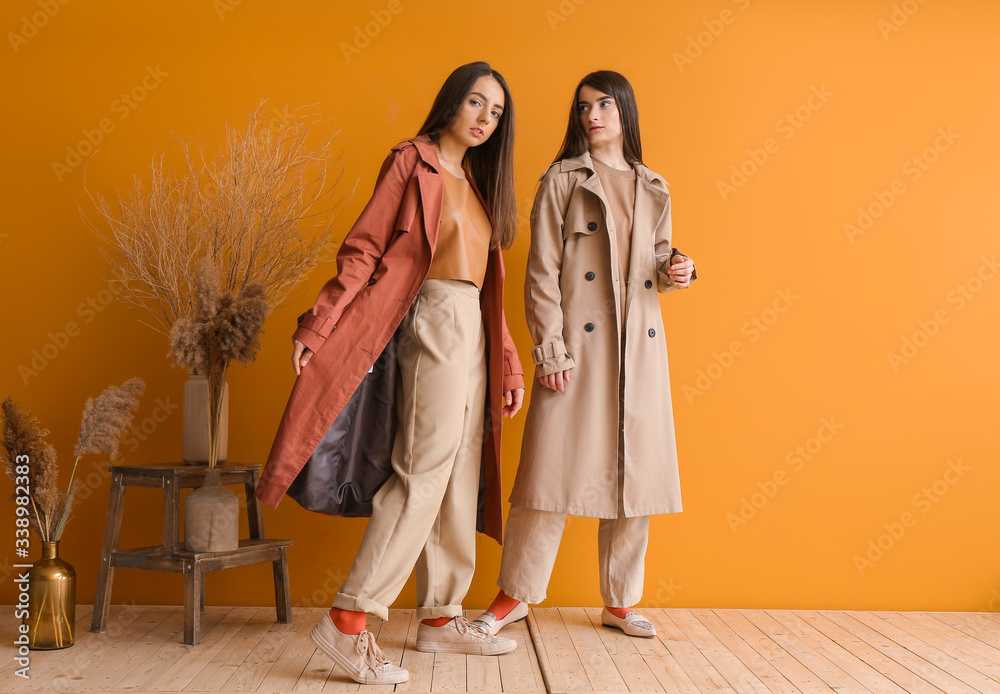 Stylish young women near color wall