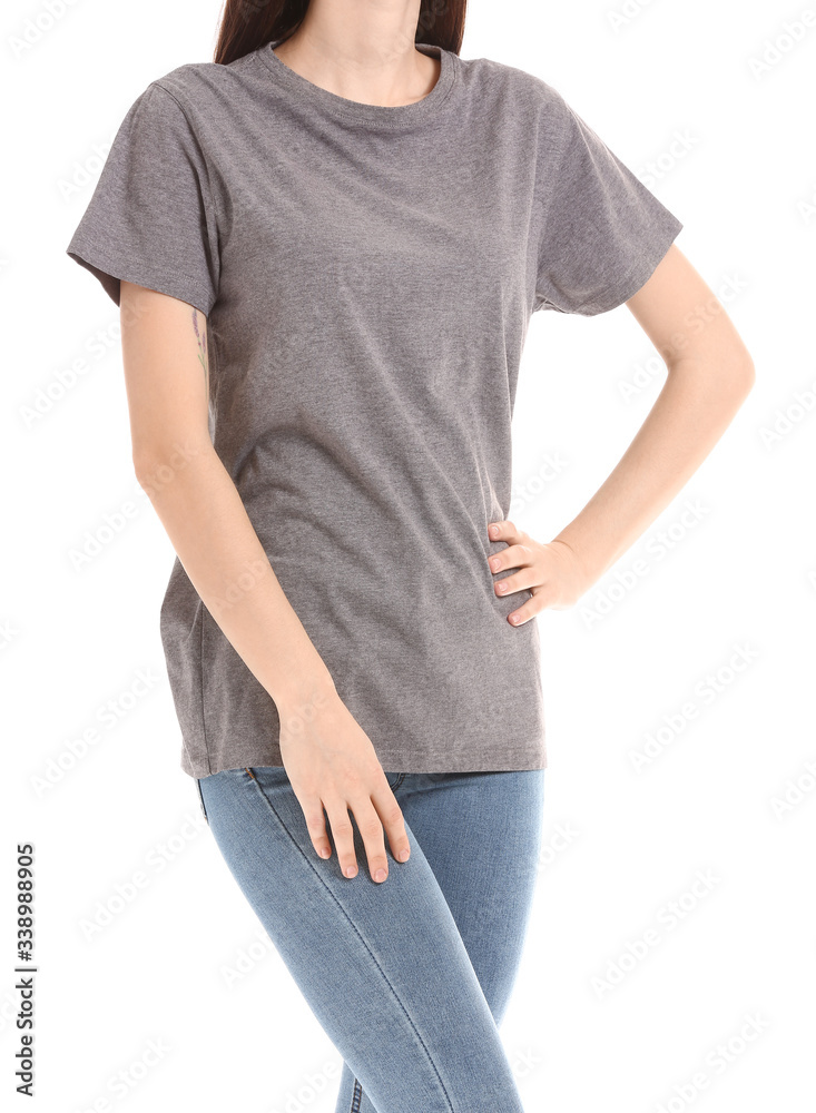 Woman in stylish t-shirt on white background