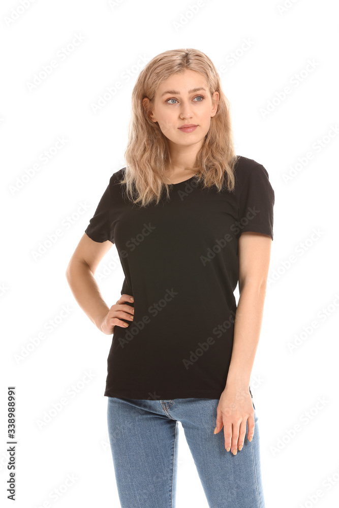 Woman in stylish t-shirt on white background