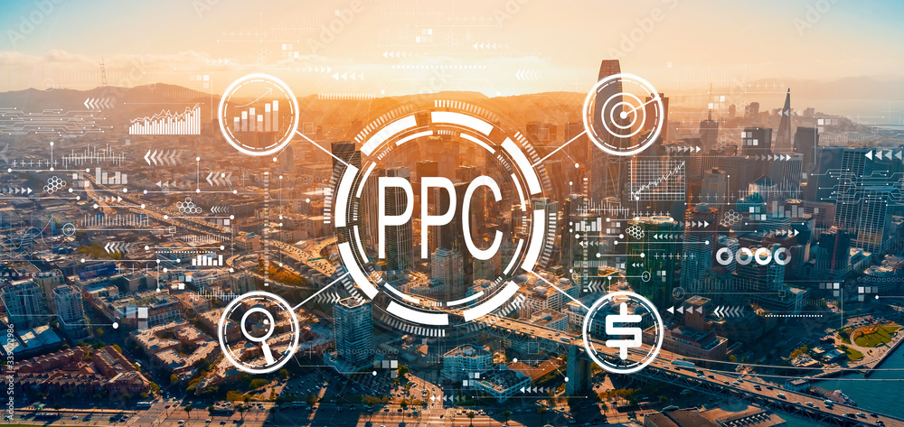 PPC - Pay per click concept with downtown San Francisco skyline buildings