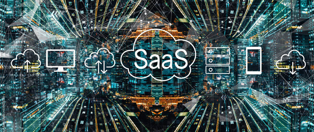 SaaS——具有抽象东京夜城市景观的软件即服务概念