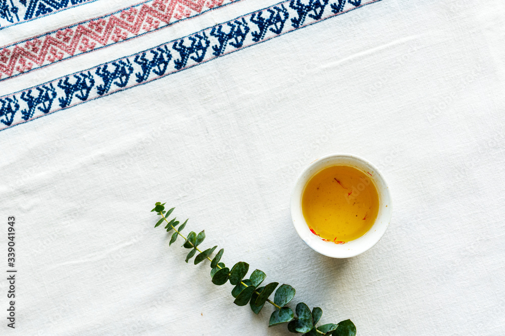 Aerial view of safflower tea drink