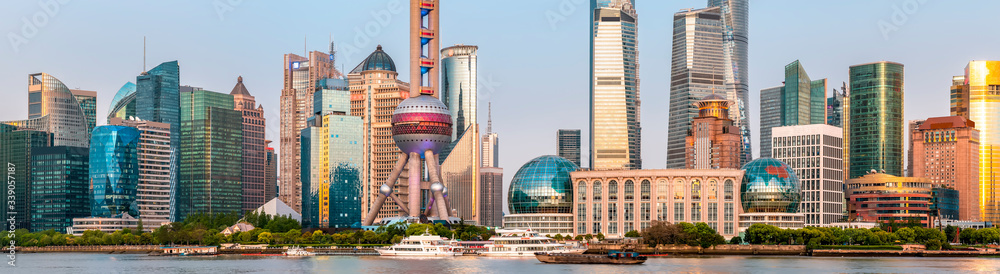 Shanghai, China city skyline on the Huangpu River.