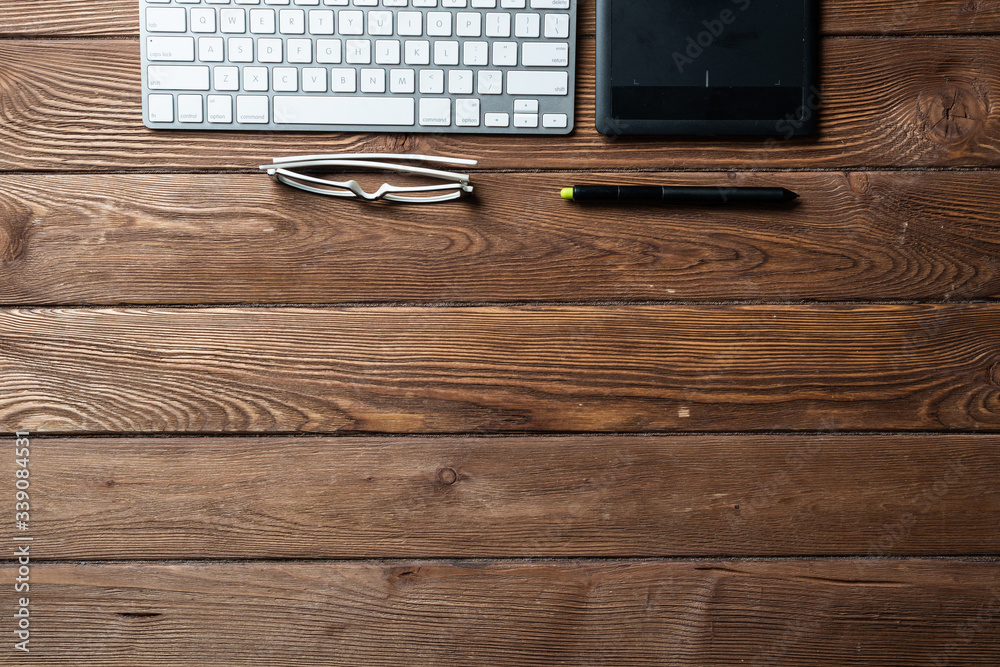 Top view office workspace composition