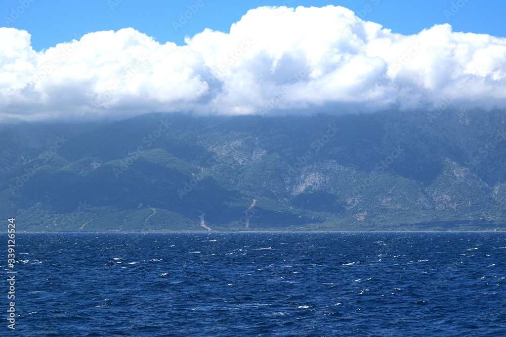 Samothraki island view from ferry - seascape with Saos mountain and coastline