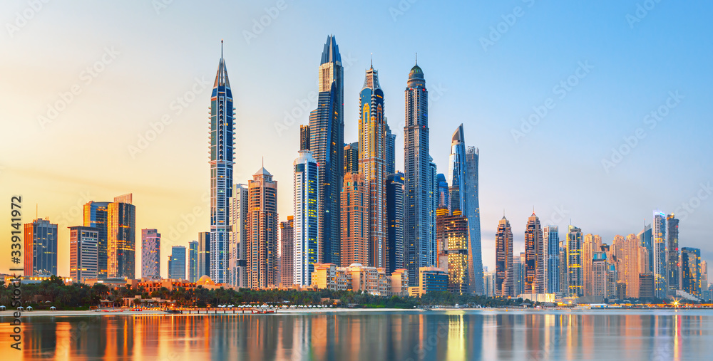 Dubai Marina and famous Jumeirah beach at sunrise, United Arab Emirates