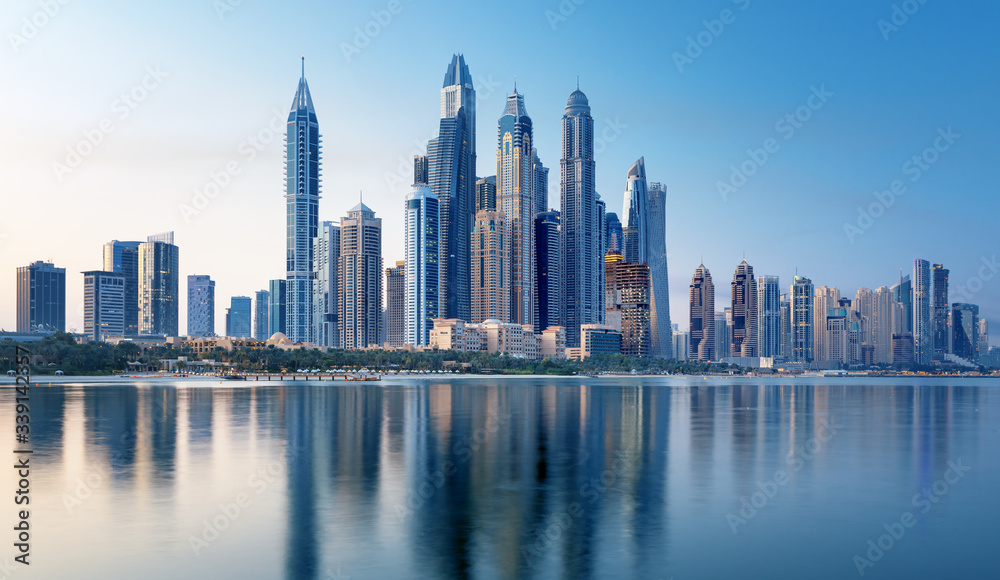 Dubai Marina and famous Jumeirah beach at sunrise, United Arab Emirates