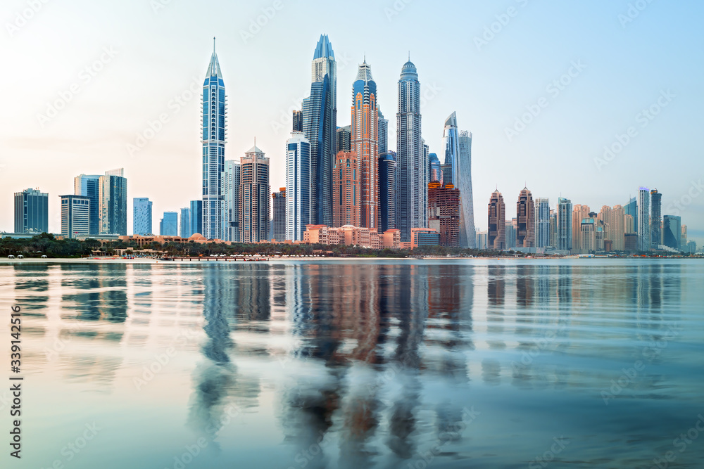 Dubai Marina and famous Jumeirah beach at sunrise, United Arab Emirates