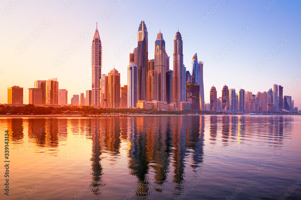 Dubai Marina and famous Jumeirah beach at sunrise, United Arab Emirates