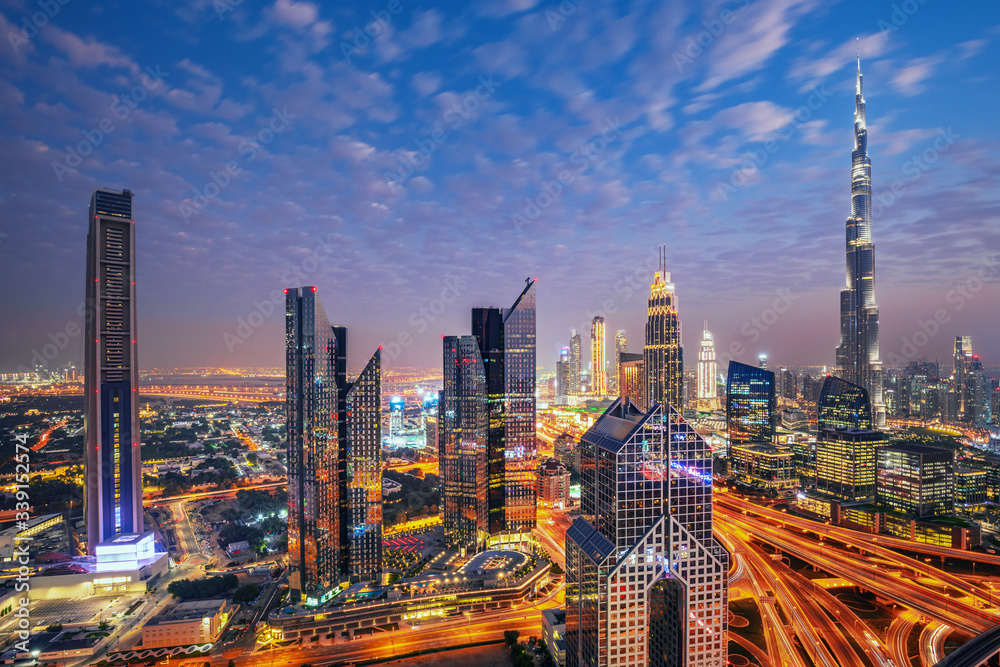 Dubai city amazing skyline, city center top view, United Arab Emirates
