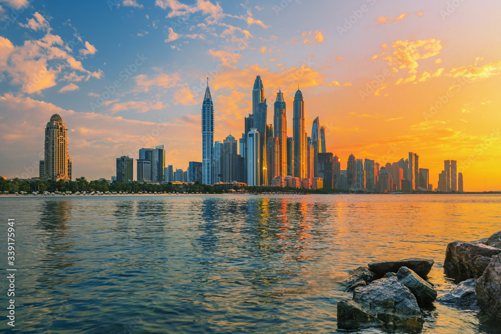 Amazing Dubai Marina skyline at sunset, United Arab Emirates
