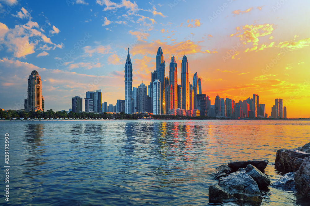 Amazing Dubai Marina skyline at sunset, United Arab Emirates
