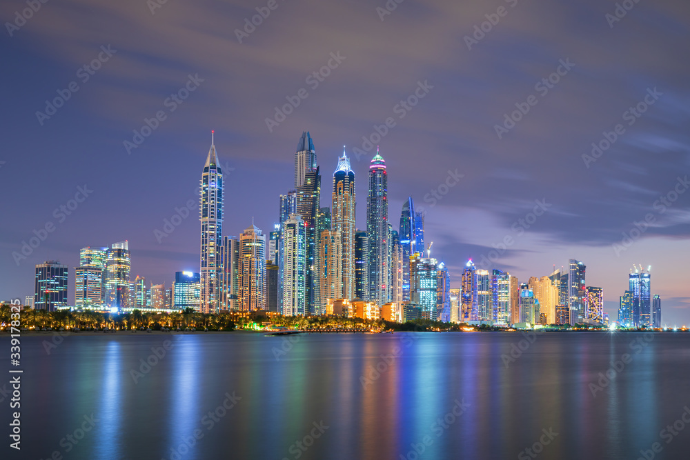 Dubai Marina, city of tourism from Palm Island at sunrise, United Arab Emirates