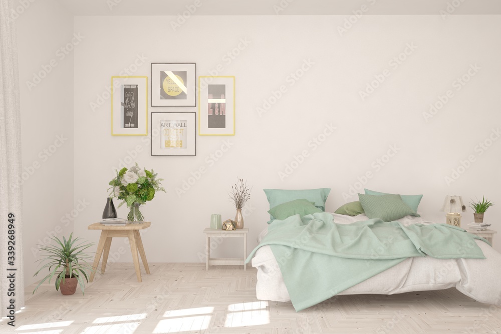 White bedroom interior. Scandinavian design. 3D illustration