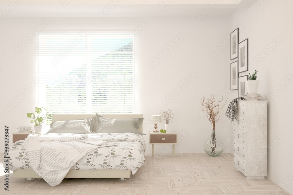 White bedroom interior. Scandinavian design. 3D illustration