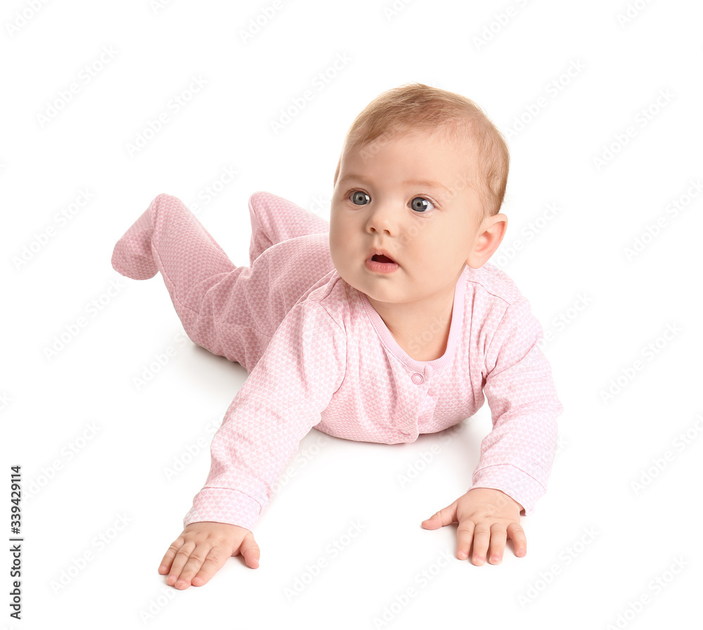 Cute baby in stylish clothes on white background