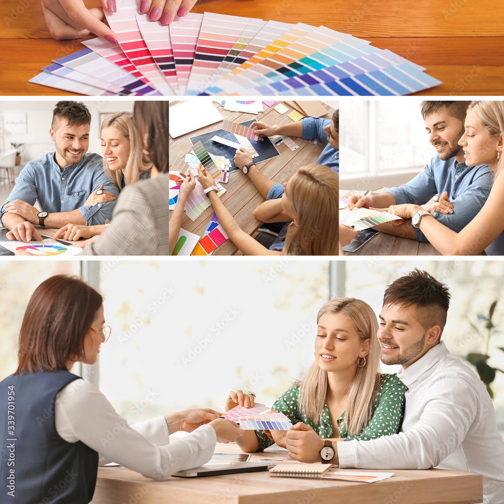 Collage of photos with female interior designer working with couple in office