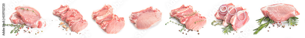 Raw pork meat with spices and herbs on white background