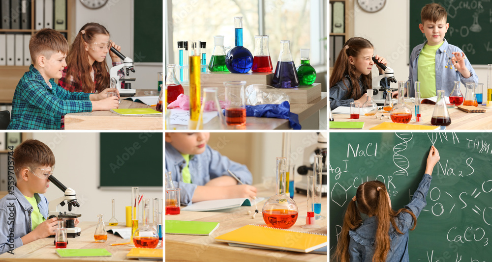 Collage of photos with cute little children at chemistry lesson in classroom