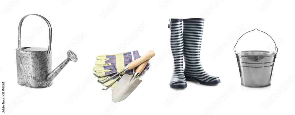 Set of gardening supplies on white background