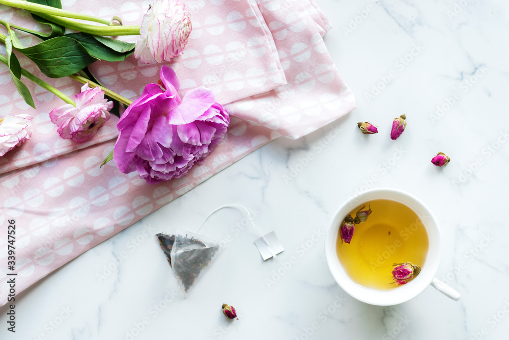 Aerial view of hot rose tea drink