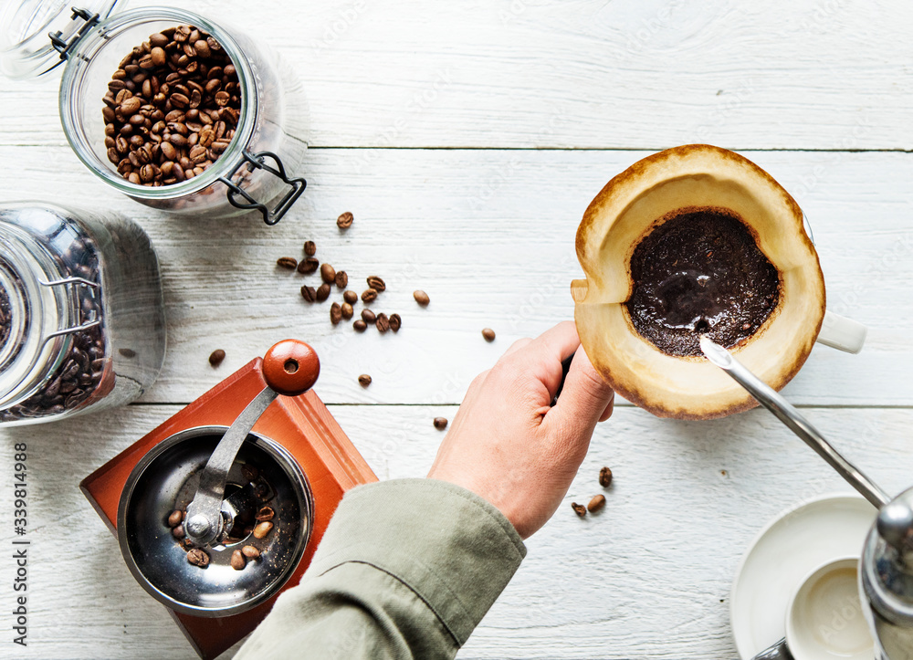 Aerial view of people making drip coffee