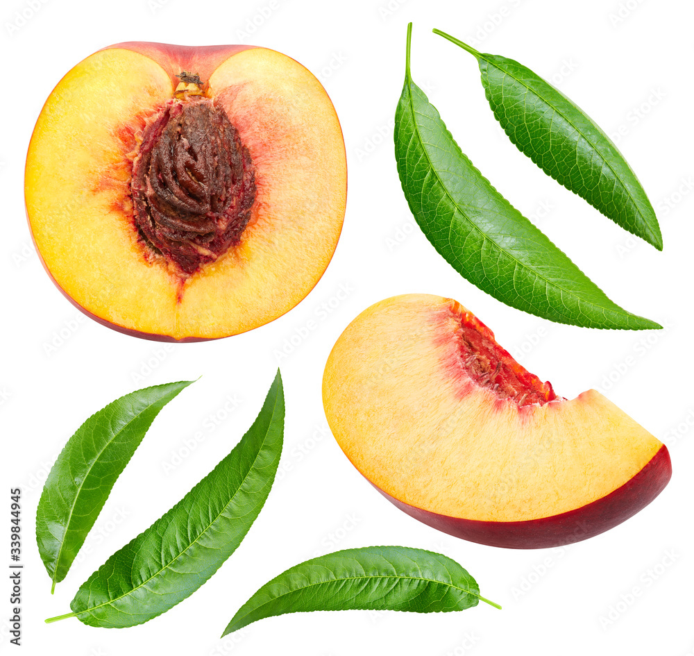 Peach collection. Ripe peach fruit and slice