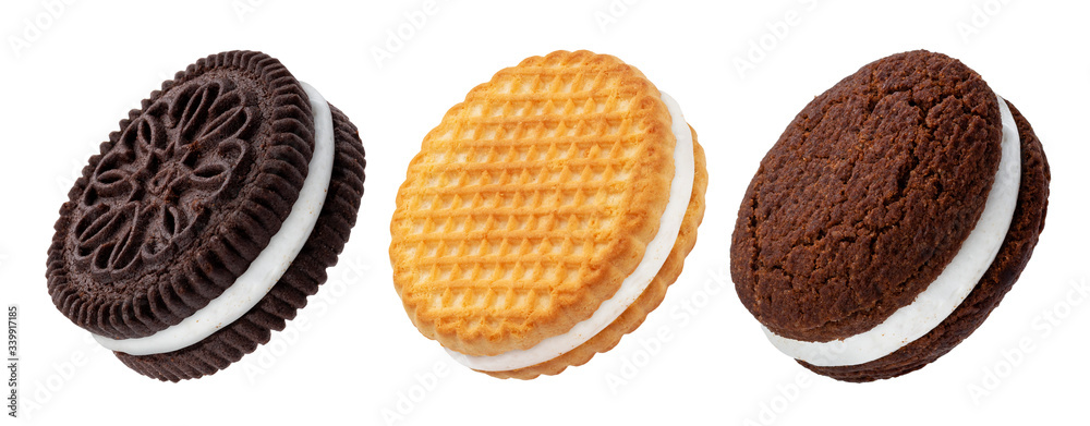 Chocolate sandwich cookies, baked biscuits stuffed with milk cream isolated on white background