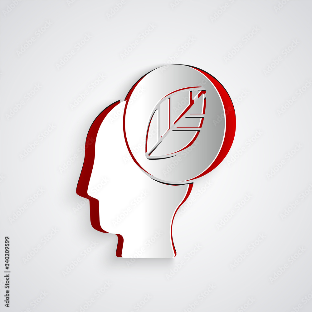 Paper cut Human head with leaf inside icon isolated on grey background. Paper art style. Vector Illu