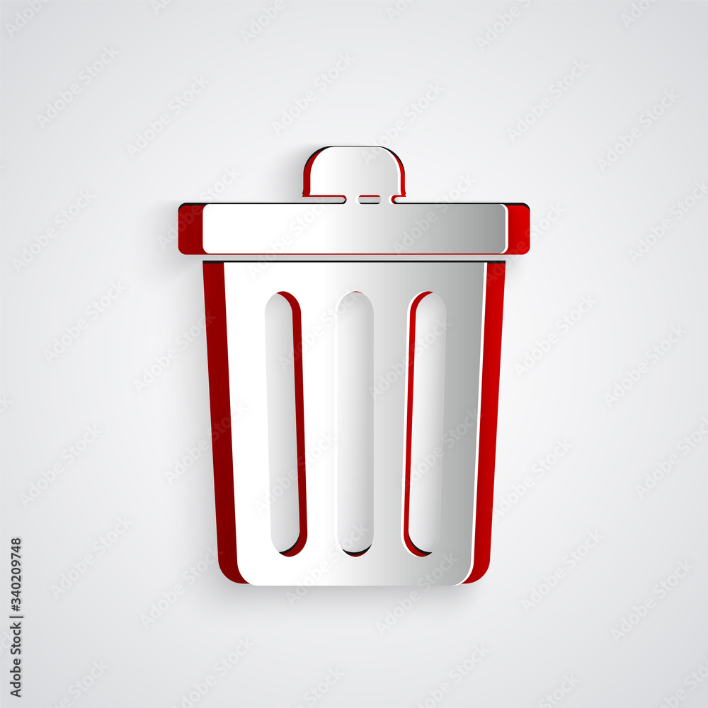 Paper cut Trash can icon isolated on grey background. Garbage bin sign. Recycle basket icon. Office 