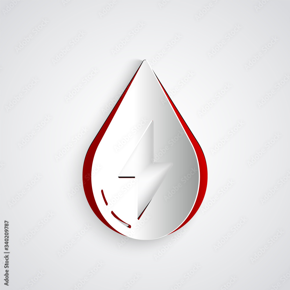 Paper cut Water energy icon isolated on grey background. Ecology concept with water droplet. Alterna