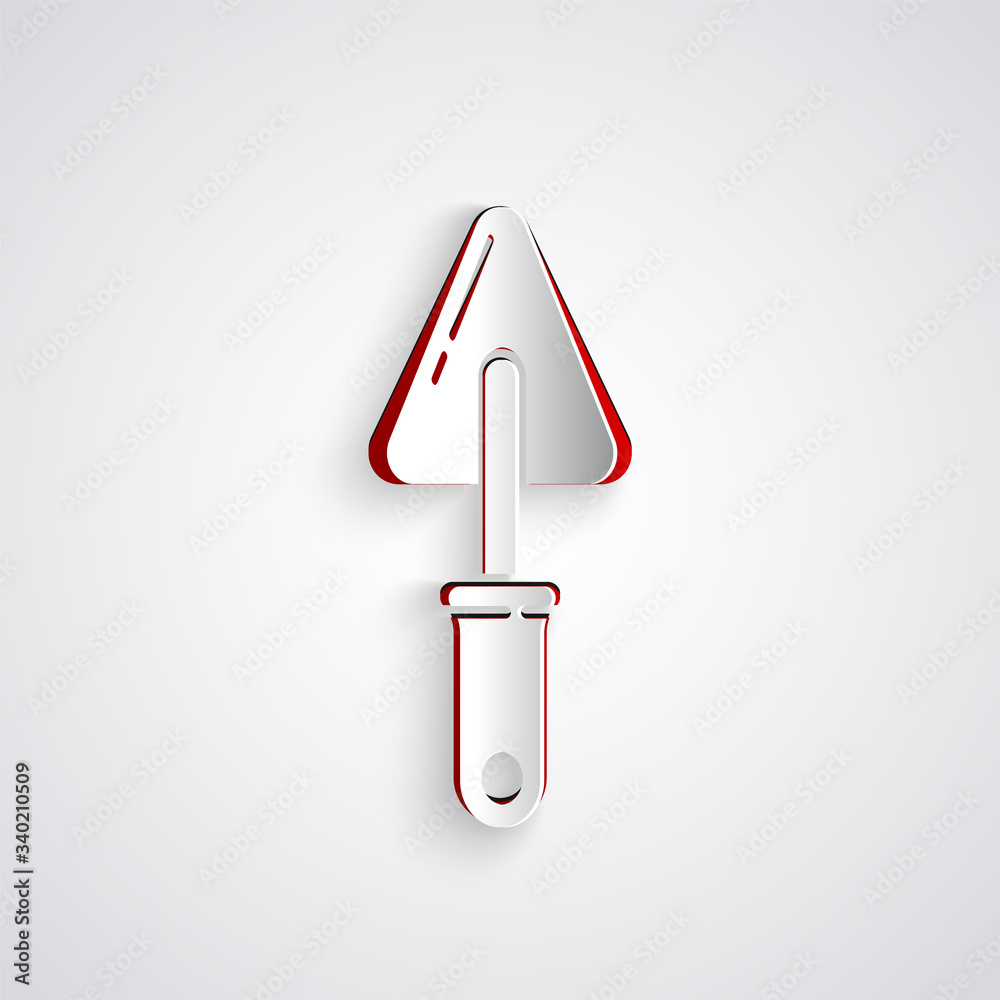 Paper cut Trowel icon isolated on grey background. Paper art style. Vector Illustration