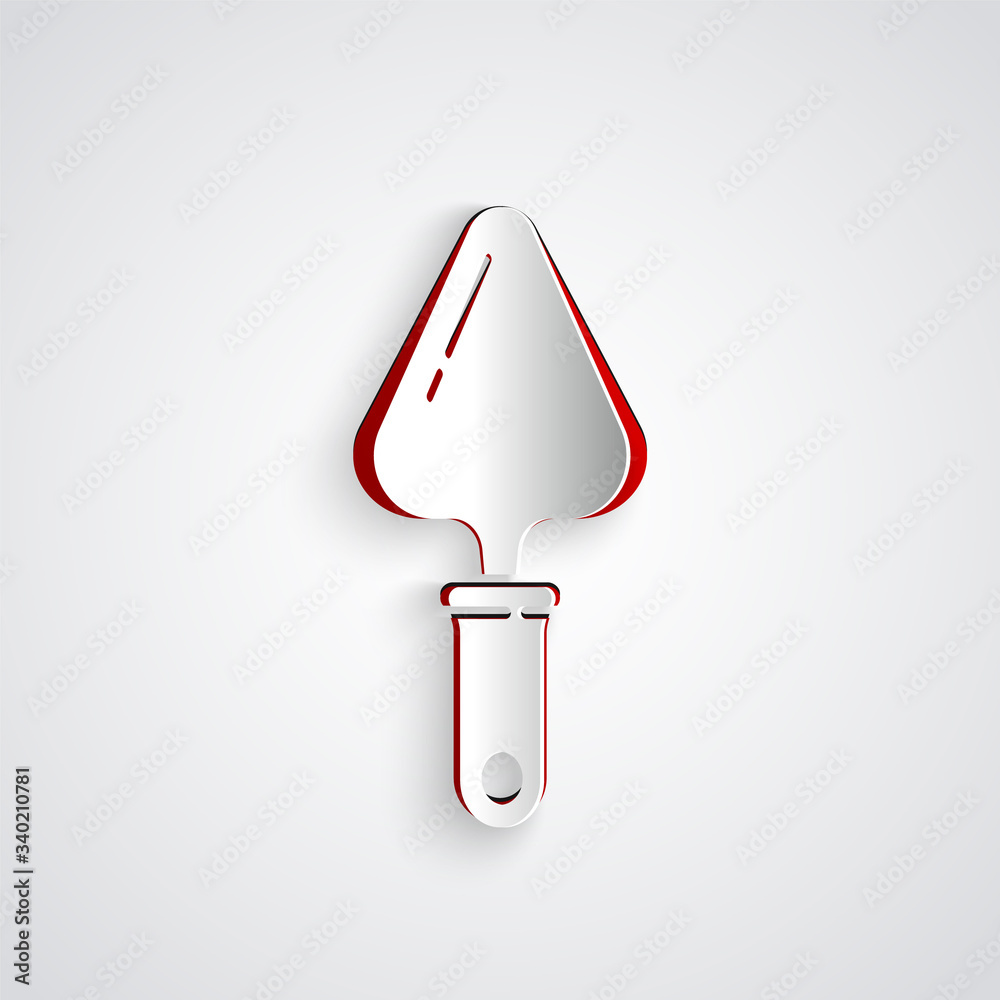 Paper cut Trowel icon isolated on grey background. Paper art style. Vector Illustration