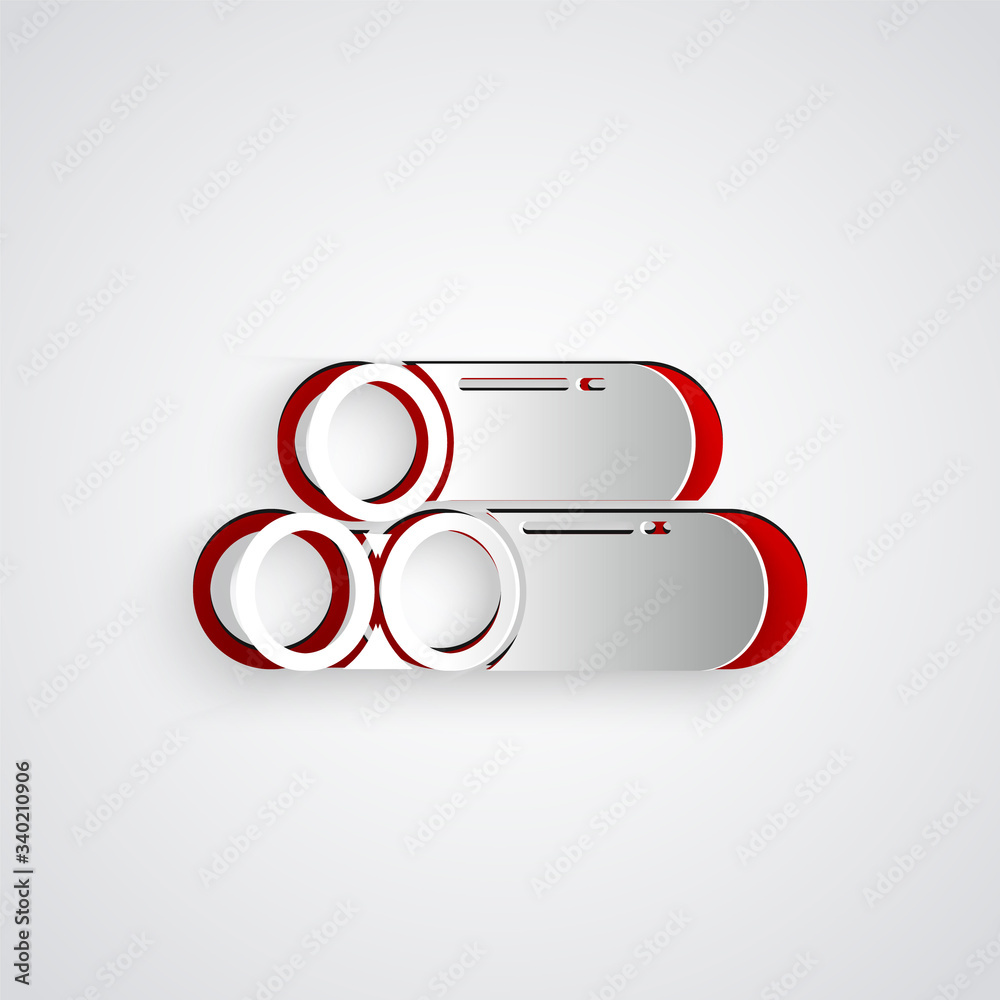 Paper cut Industry metallic pipe icon isolated on grey background. Plumbing pipeline parts of differ