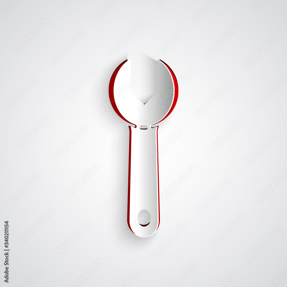 Paper cut Wrench spanner icon isolated on grey background. Paper art style. Vector Illustration