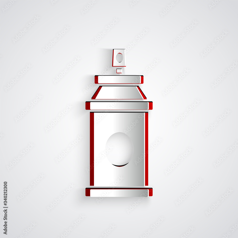 Paper cut Paint spray can icon isolated on grey background. Paper art style. Vector Illustration