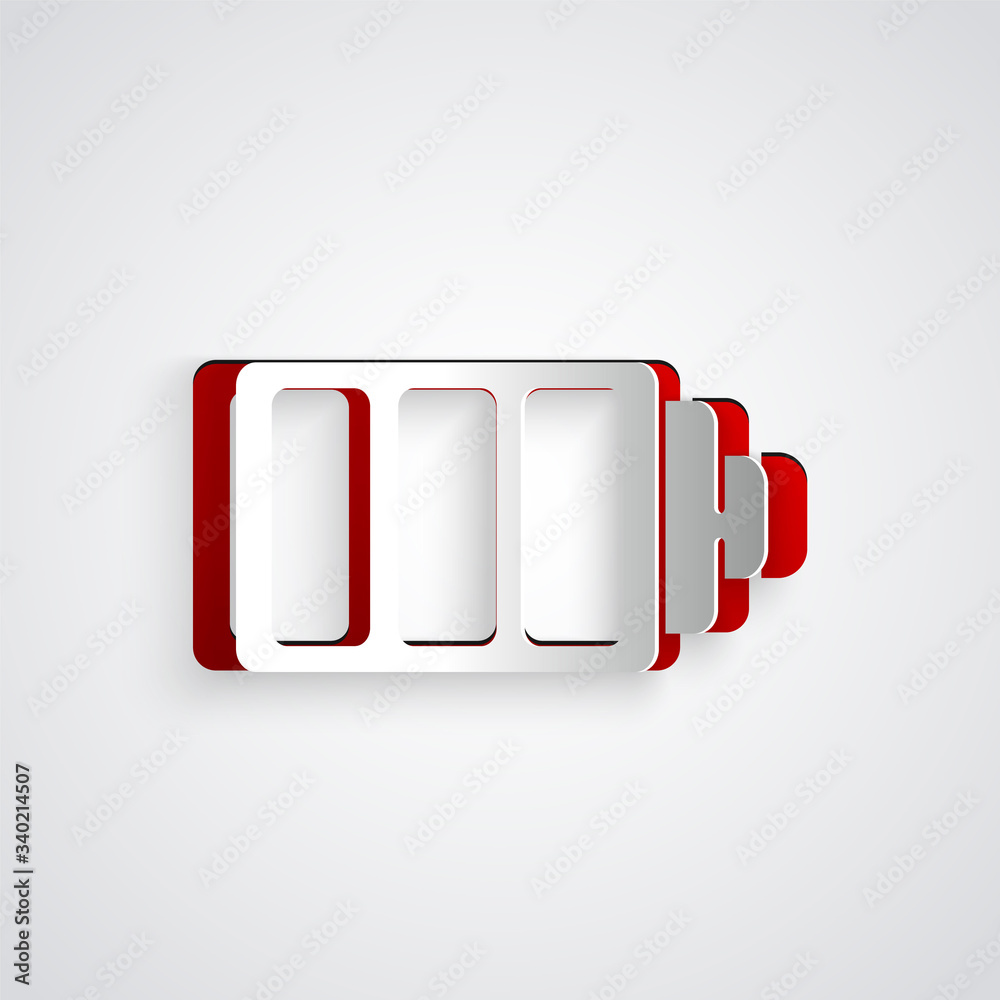 Paper cut Battery charge level indicator icon isolated on grey background. Paper art style. Vector I