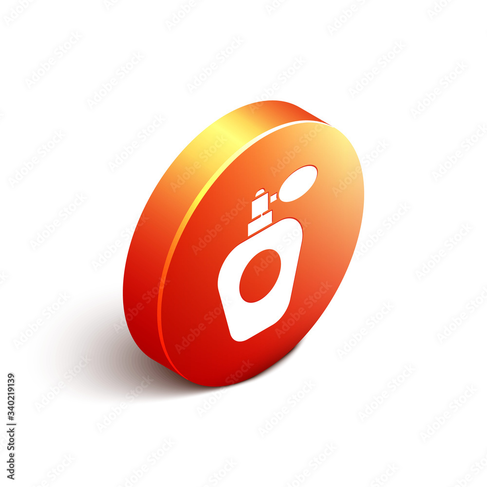 Isometric Perfume icon isolated on white background. Orange circle button. Vector Illustration